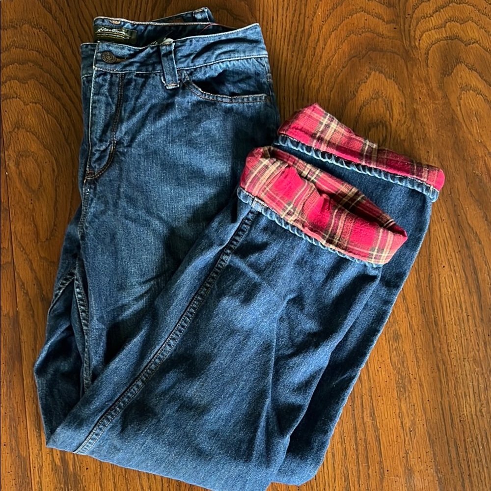 Women’s Eddie Bauer Denim Jean lined with Red Plaid Sz 10